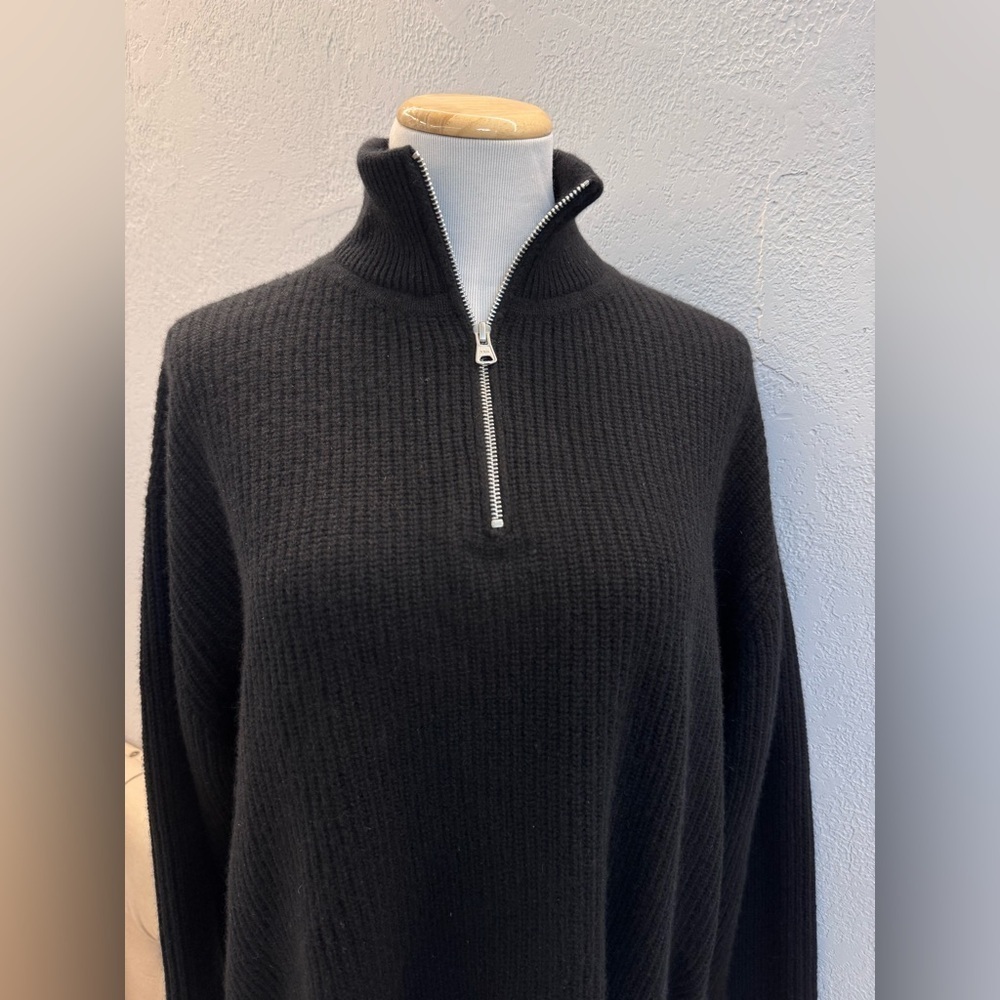 Jenni Kayne Half Zip Cashmere Sweater Black Pullover Ribbed Knit Mock EUC Size L - Picture 3 of 11